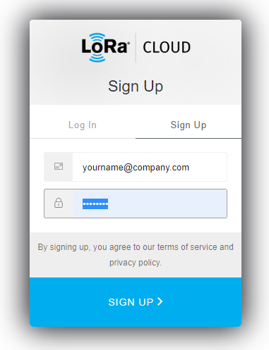 LoRa Cloud Sign-up Screen