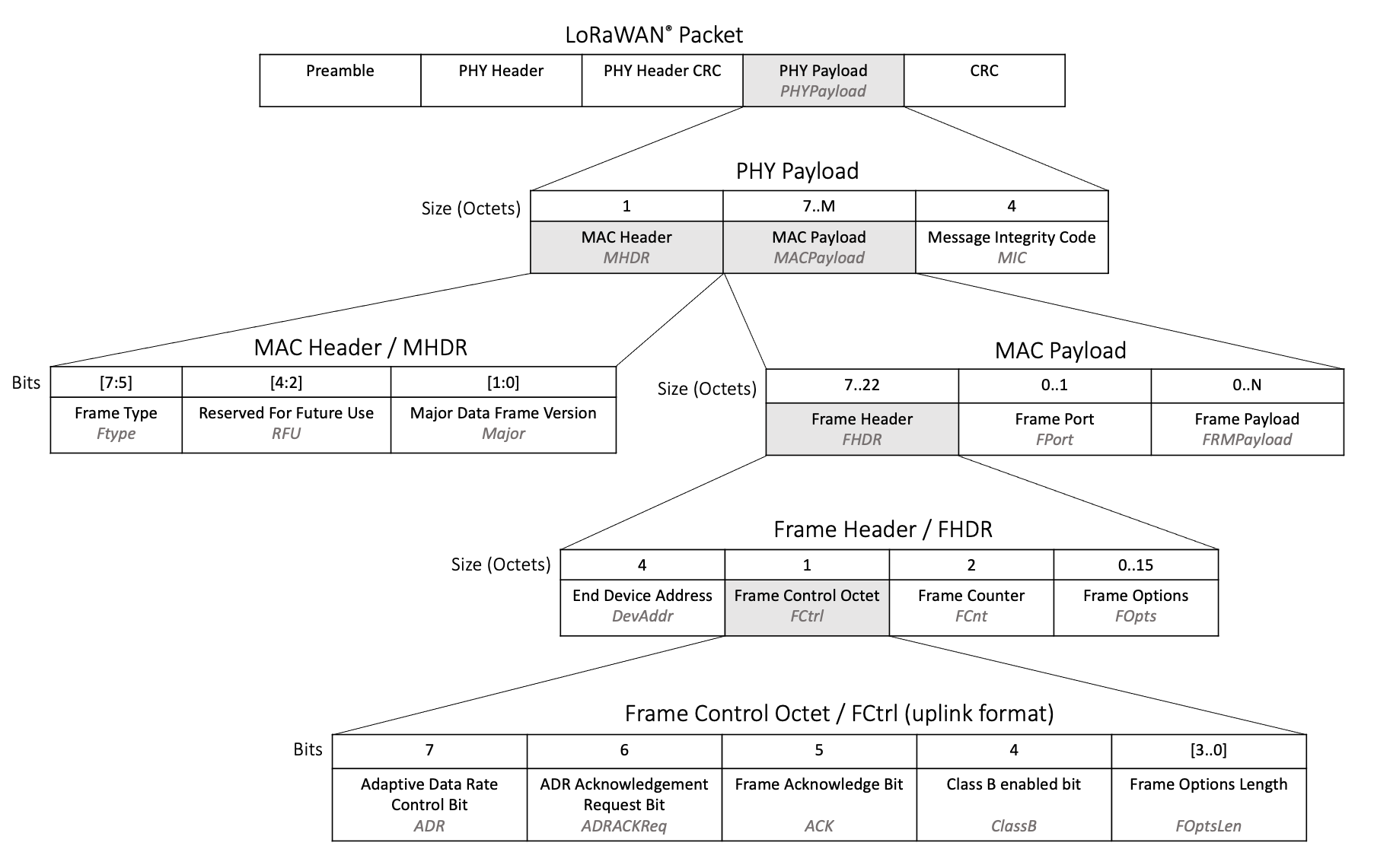 Fields contained in a LoRaWAN uplink packet