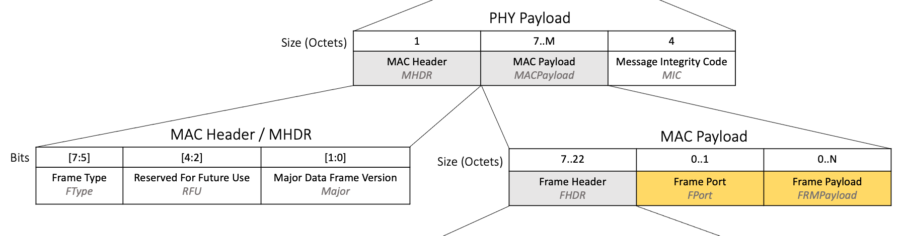 FPort and FRMPayload fields highlighted in the LoRaWAN downlink packet structure
